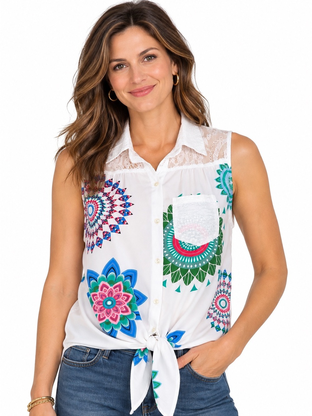 DESIGUAL NEW WITH TAGS Cam Begona White Floral Lace Sleeveless Blouse Top Large